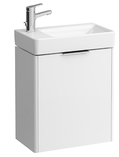 [1616C0096] Meuble de base lave main - PRO S - 470 x 265 x 530 mm - 1 porte - 1 étagère en verre - Charnière de porte à gauche, Blanc brillant