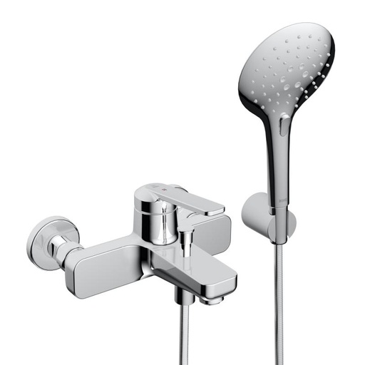 [1621S0841] Mélangeur de bain BEVO E 153 mm, raccords d'arrêt 1/2" x 3/4", avec douchette et flexible 180 cm, support, groupe acoustique NT, chromeline