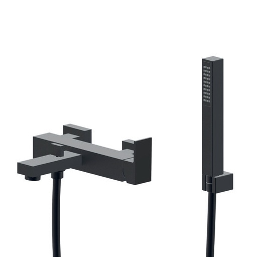 [1621H0190] Mélangeur de bain complet ERGO-Q, E 150 mm, avec raccords excentriques 1/2 x 3/4, flexible 150 cm et douche à main y compris support pour douchette à main, noir mat