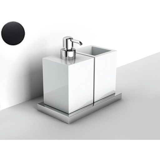 [1690C0505] Porte-verre, avec distributeur à savon, à poser, XONI, H17.3 x L18.5 x P10 cm, céramique blanche, noir mat laqué