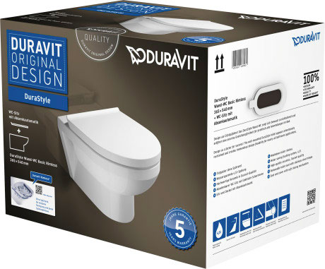 [1625M0185] SET Cuvette murale DURASTYLE BASIC UP Rimless (Duravit No.1), se compose de cuvette murale DuraStyle Basic, quantité d'eau de rinçage 4.5 L et siège de WC DuraStyle Basic amovible, abaissement automatique, standard, blanc