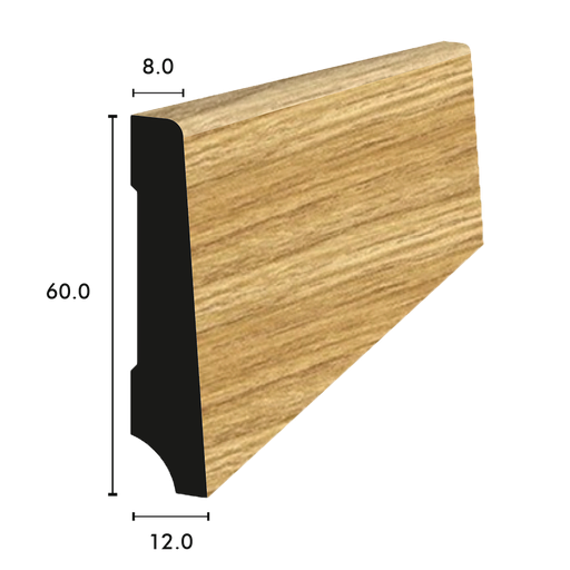 [1490C0186] Plinthe massive chêne vernis 60/12/8 mm - longueurs variables 3.20-4.00 m - 40m/pqt 